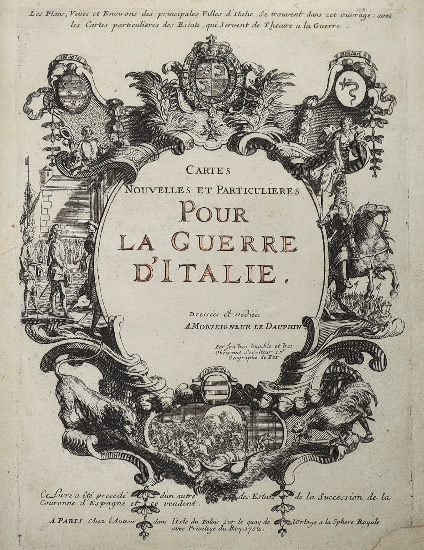 De Fer, Nicolas - Cartes Nouvelles et Particulieres pour la Guerre d'Italie....pictorial engraved title, a folded map and 22 other d-page maps and plans (some pictorial, some outline colour), and a d-page engraved Cremon